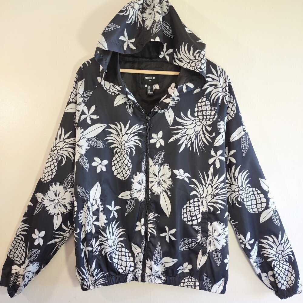 Forever 21 Windbreaker Jacket Hood Sz Large Full Zip Tropical Resort Euro Summer